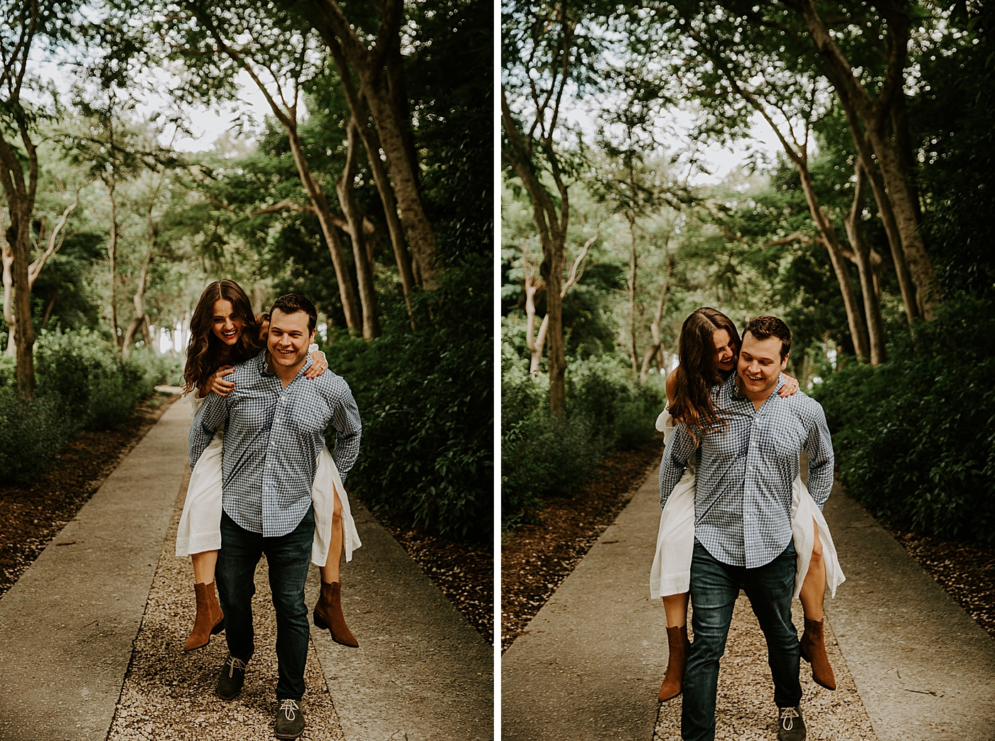 Couple piggy backing Deering Estate Engagement Photography captured by Maggie Alvarez Photography