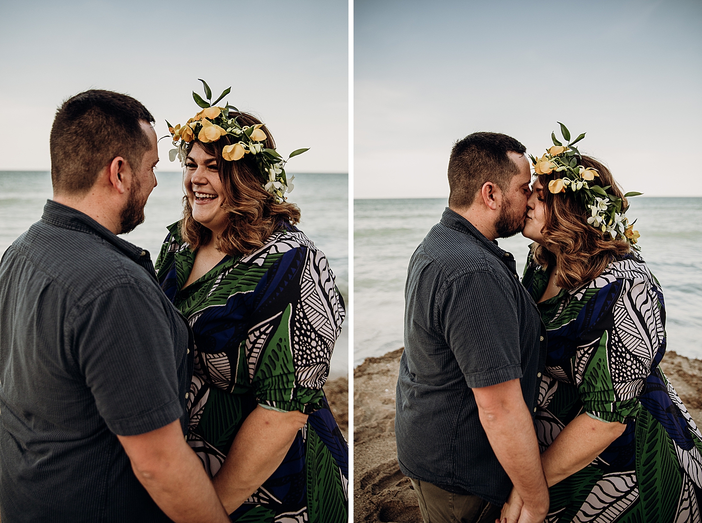 Couple holding hands looking at each other and kissing on the beach House of Refuge Engagement Photography captured by Maggie Alvarez Photography