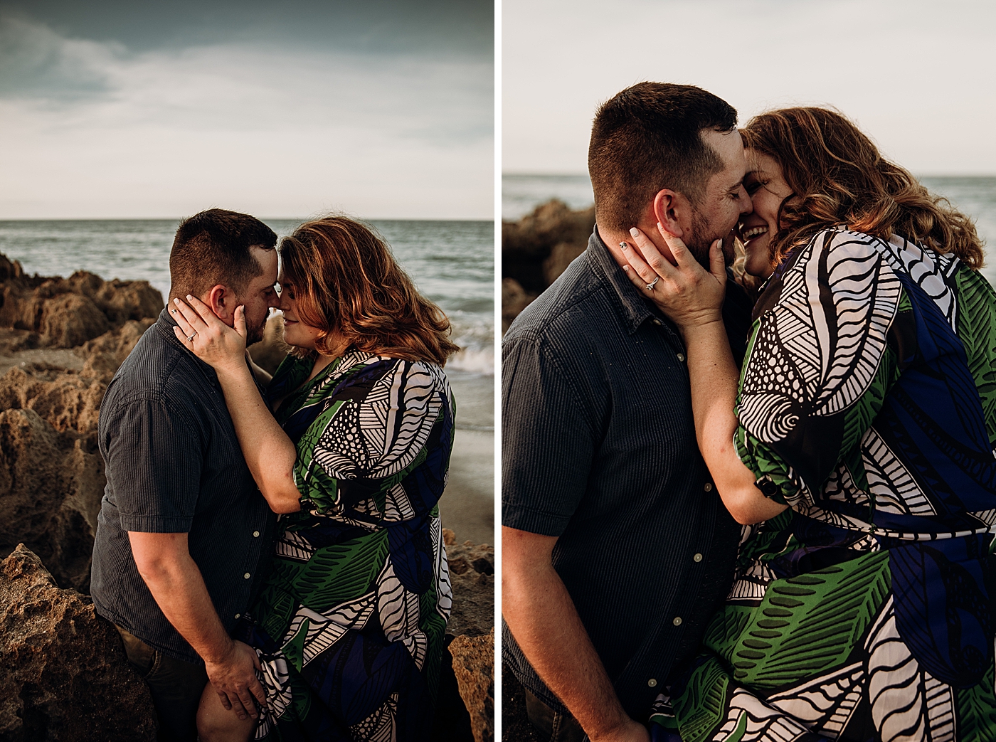 Couple holding and kissing each other on the beach House of Refuge Engagement Photography captured by Maggie Alvarez Photography