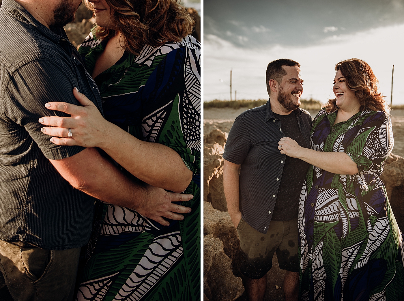 Couple holding each other on the beach House of Refuge Engagement Photography captured by Maggie Alvarez Photography