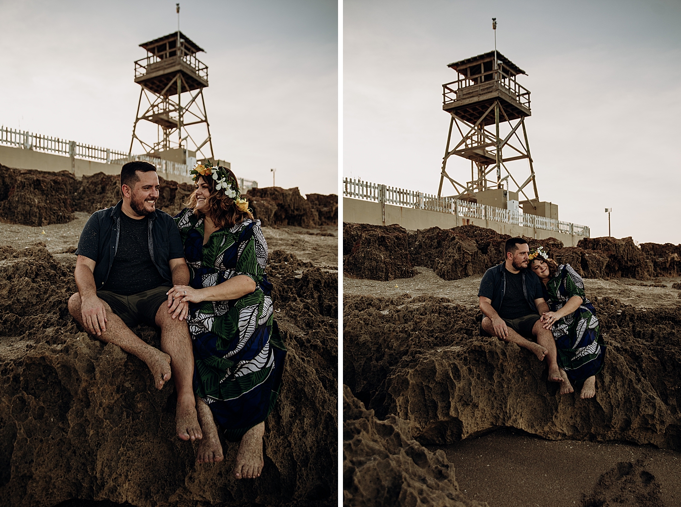 Couple sitting on drift rock beach with life guard stand behind them House of Refuge Engagement Photography captured by Maggie Alvarez Photography