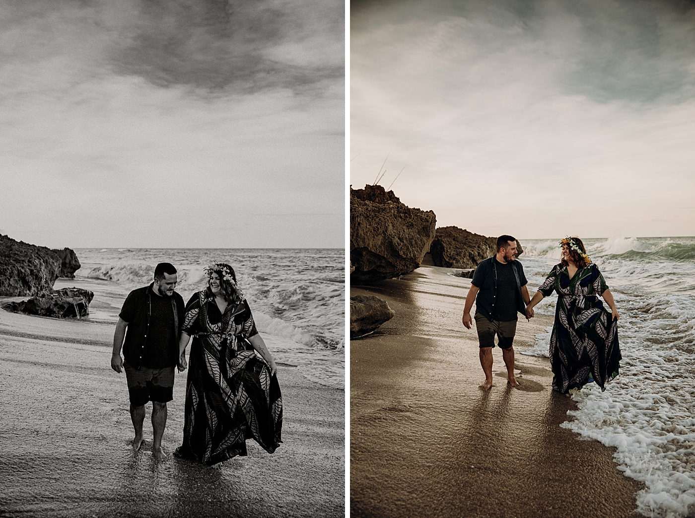 B&W and color portrait holding hands on beach and waves House of Refuge Engagement Photography captured by Maggie Alvarez Photography