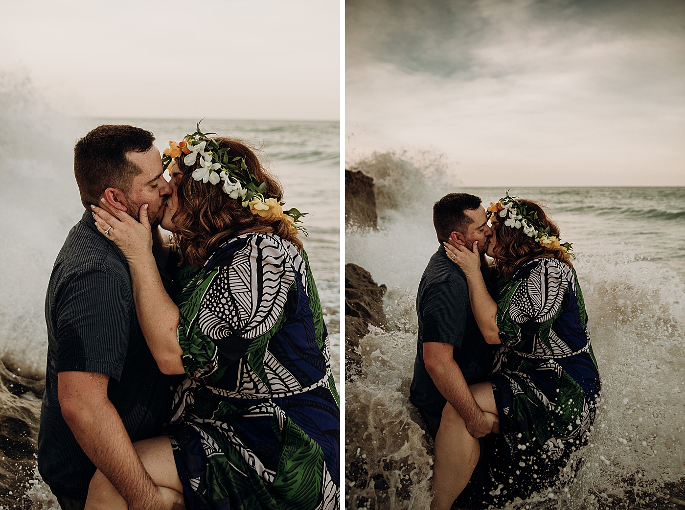 Couple kissing each other as a wave crashes in on the beach House of Refuge Engagement Photography captured by Maggie Alvarez Photography