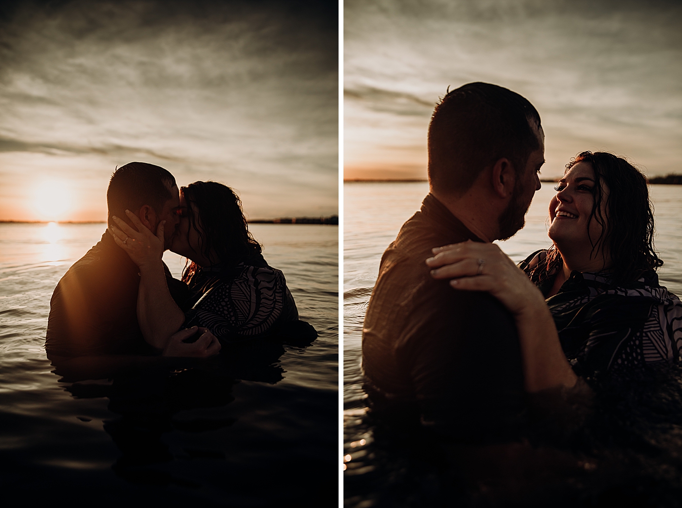 Couple kissing each other in the ocean water as the sun sets House of Refuge Engagement Photography captured by Maggie Alvarez Photography