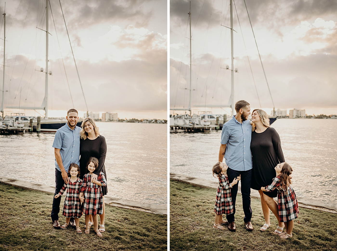 Family portrait by the water with docks in background Palm Beach Island Family Photography by South Florida Family Photographer Maggie Alvarez Photography