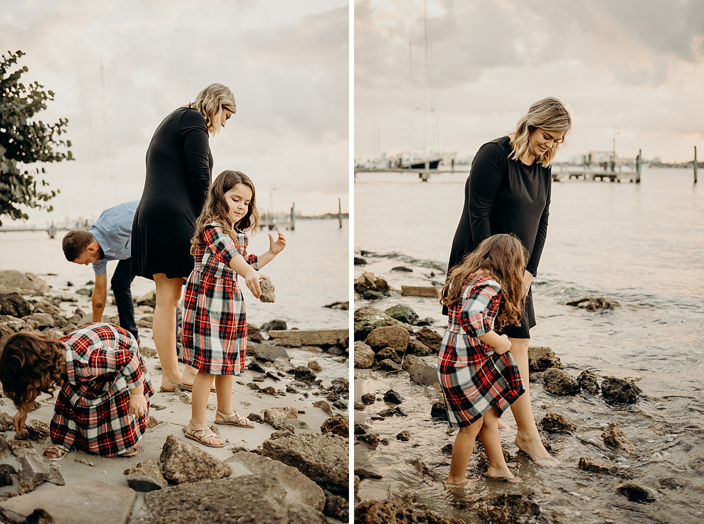 Parents and kids picking up rocks and walking on beach Palm Beach Island Family Photography by South Florida Family Photographer Maggie Alvarez Photography