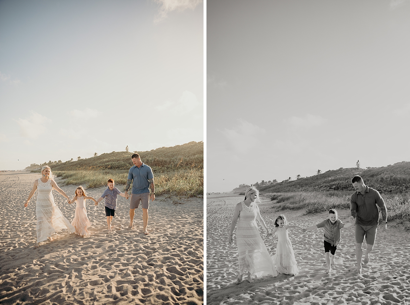 B&W and colored portrait of family walking on beach together Ocean Ridge Hammock Park Family Photography by South Florida Family Photographer Maggie Alvarez Photography