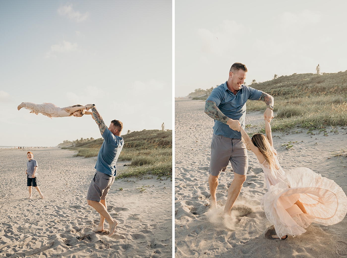 Dad swinging daughter by the arms on the beach Ocean Ridge Hammock Park Family Photography by South Florida Family Photographer Maggie Alvarez Photography