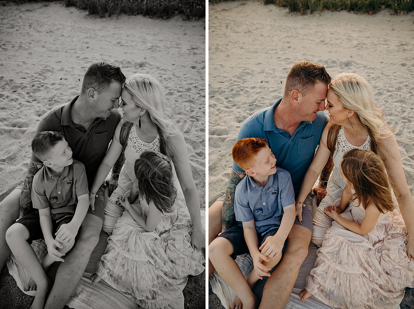 B&W and colored portrait of family sitting and parents nuzzling Ocean Ridge Hammock Park Family Photography by South Florida Family Photographer Maggie Alvarez Photography