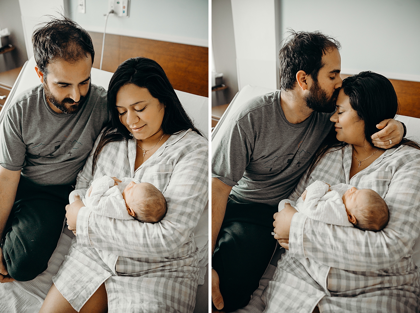 Father kissing Mother on forehead as Mom holds newborn baby South Florida Fresh 48 Newborn Photography by South Florida Family Photographer Maggie Alvarez Photography