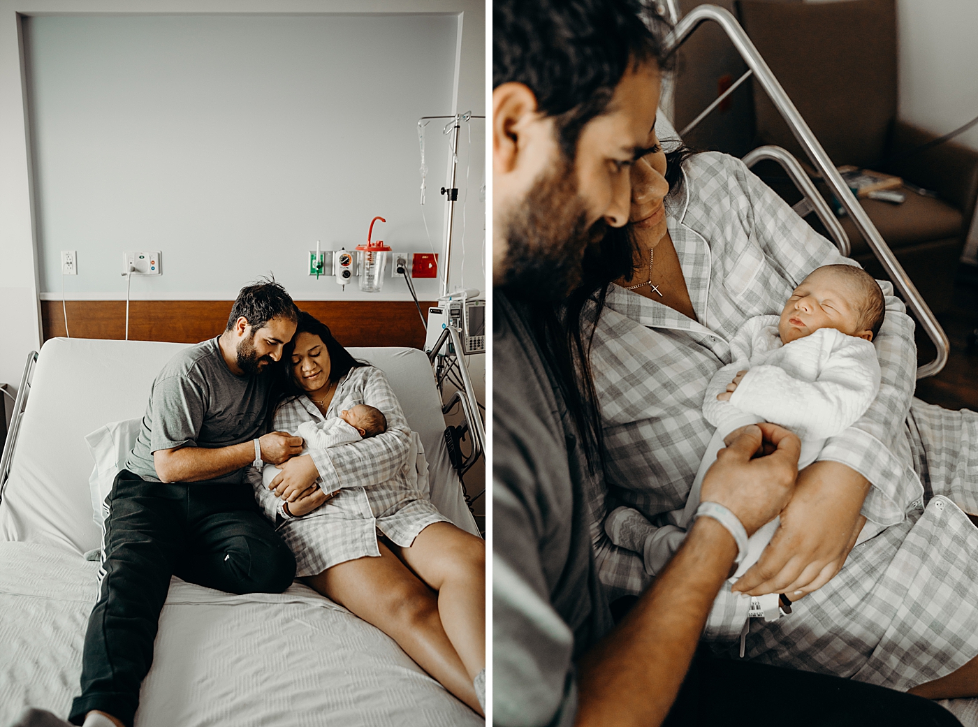 Parents in bed together awing at new baby South Florida Fresh 48 Newborn Photography by South Florida Family Photographer Maggie Alvarez Photography 