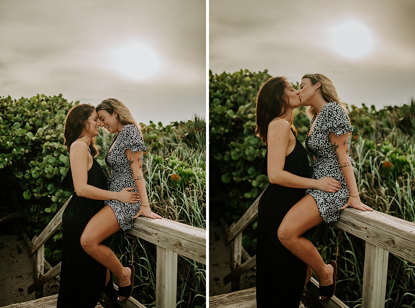 Couple kissing each other on wood stairway South Florida LGBTQ+ Engagement Photography captured by Maggie Alvarez Photography
