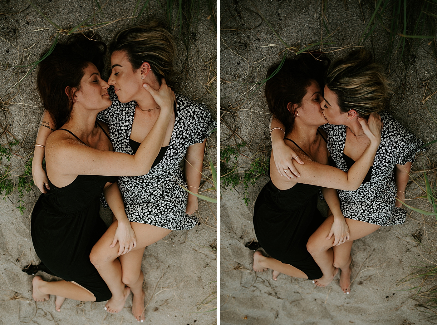 Couple cuddling on the sand South Florida LGBTQ+ Engagement Photography captured by Maggie Alvarez Photography