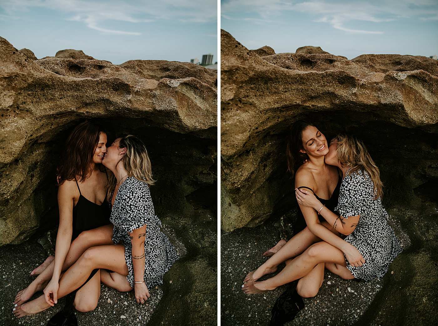 Couple in small rock cove on the beach and kissing South Florida LGBTQ+ Engagement Photography captured by Maggie Alvarez Photography