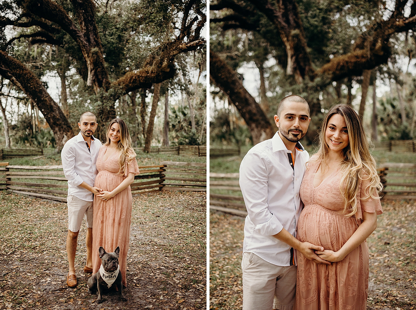 Couple holding each other with cute dog by their feet Riverbend Park Maternity Photography by South Florida Family Photographer Maggie Alvarez Photography