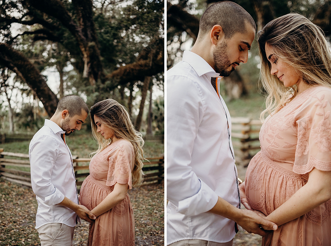 Couple holding hands and looking at pregnant stomach Riverbend Park Maternity Photography by South Florida Family Photographer Maggie Alvarez Photography