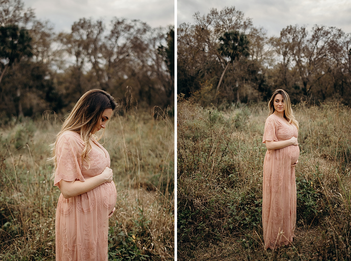 Woman holding pregnant bump out in field Riverbend Park Maternity Photography by South Florida Family Photographer Maggie Alvarez Photography