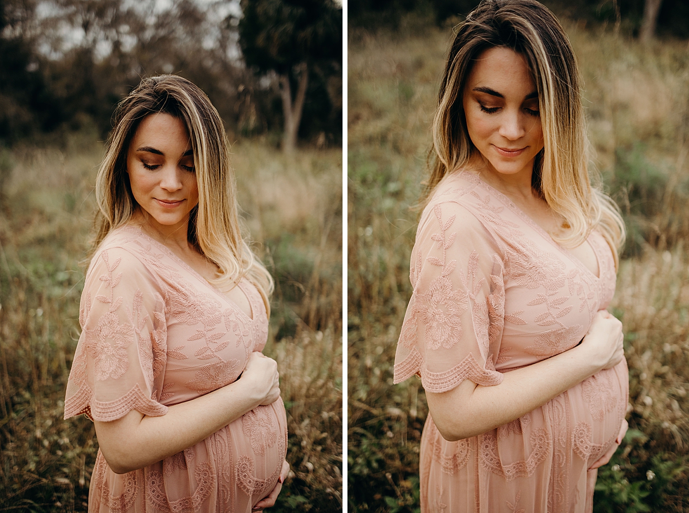Pregnant woman holding stomach out in field Riverbend Park Maternity Photography by South Florida Family Photographer Maggie Alvarez Photography
