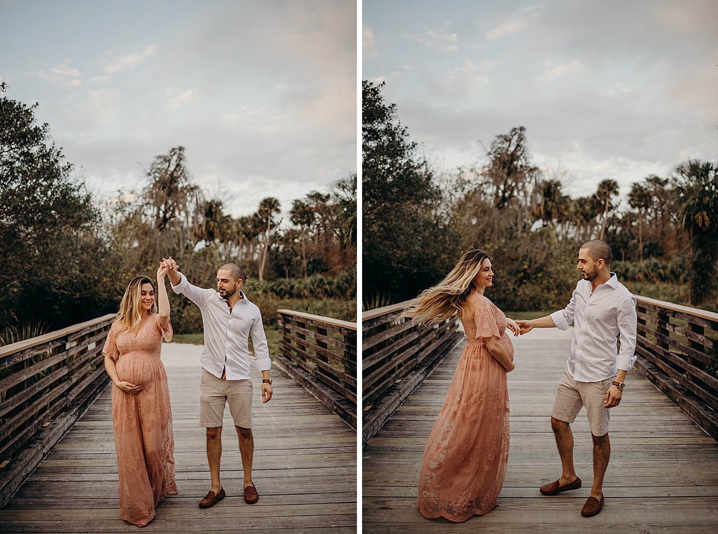 Couple Pirouetting on wood bridge Riverbend Park Maternity Photography by South Florida Family Photographer Maggie Alvarez Photography