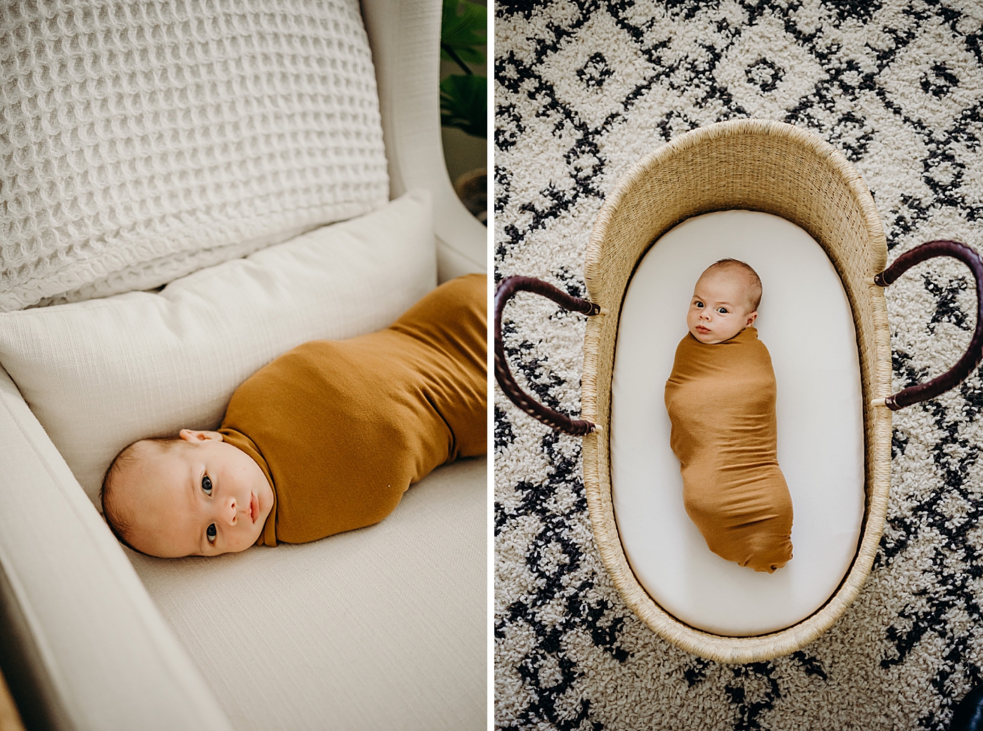 Baby wrapped in swaddle in chair and carrier South Florida Newborn Photography captured by South Florida Family Photographer Maggie Alvarez Photography