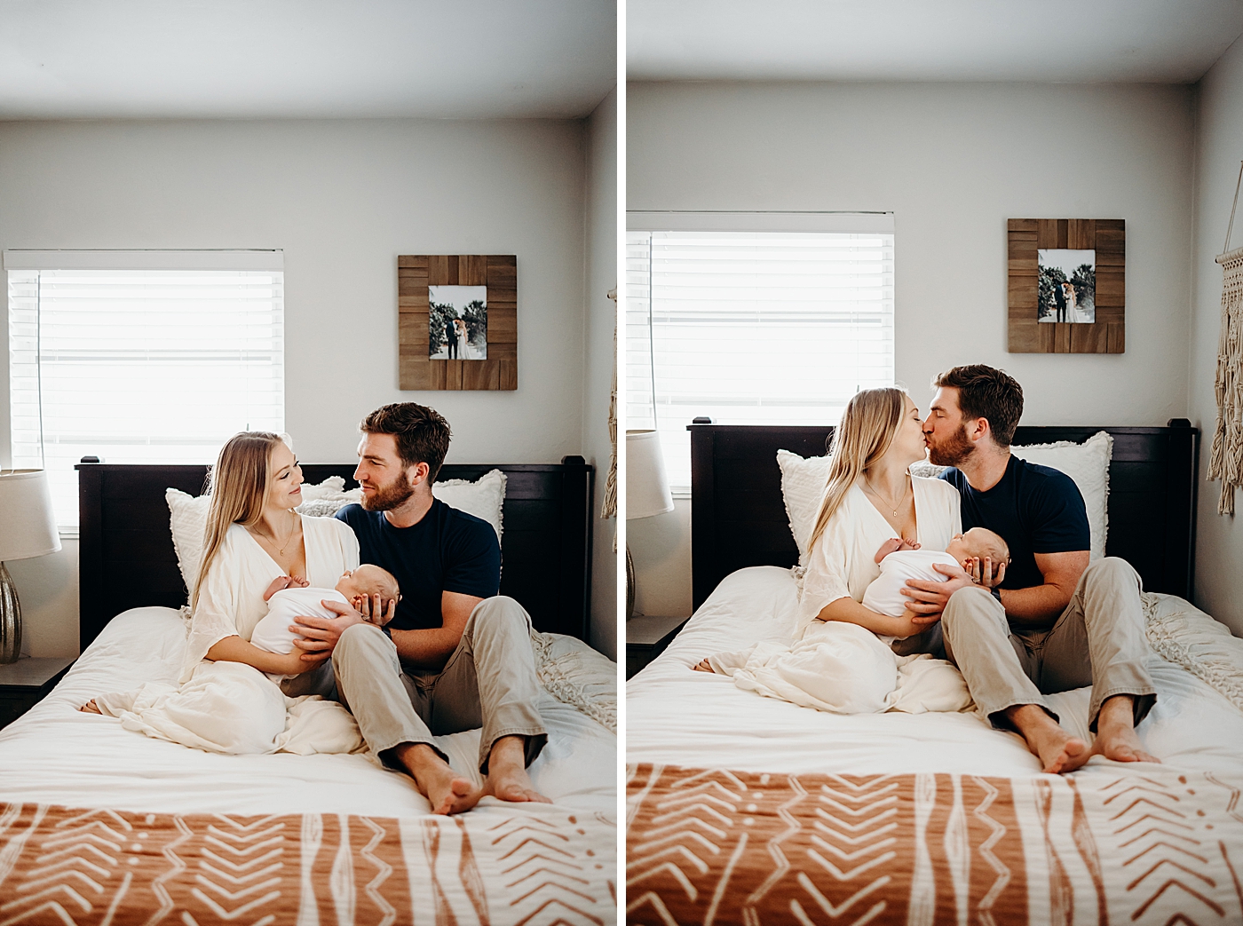 Parents sitting on the bed holding their baby and kissing South Florida Newborn Photography captured by South Florida Family Photographer Maggie Alvarez Photography