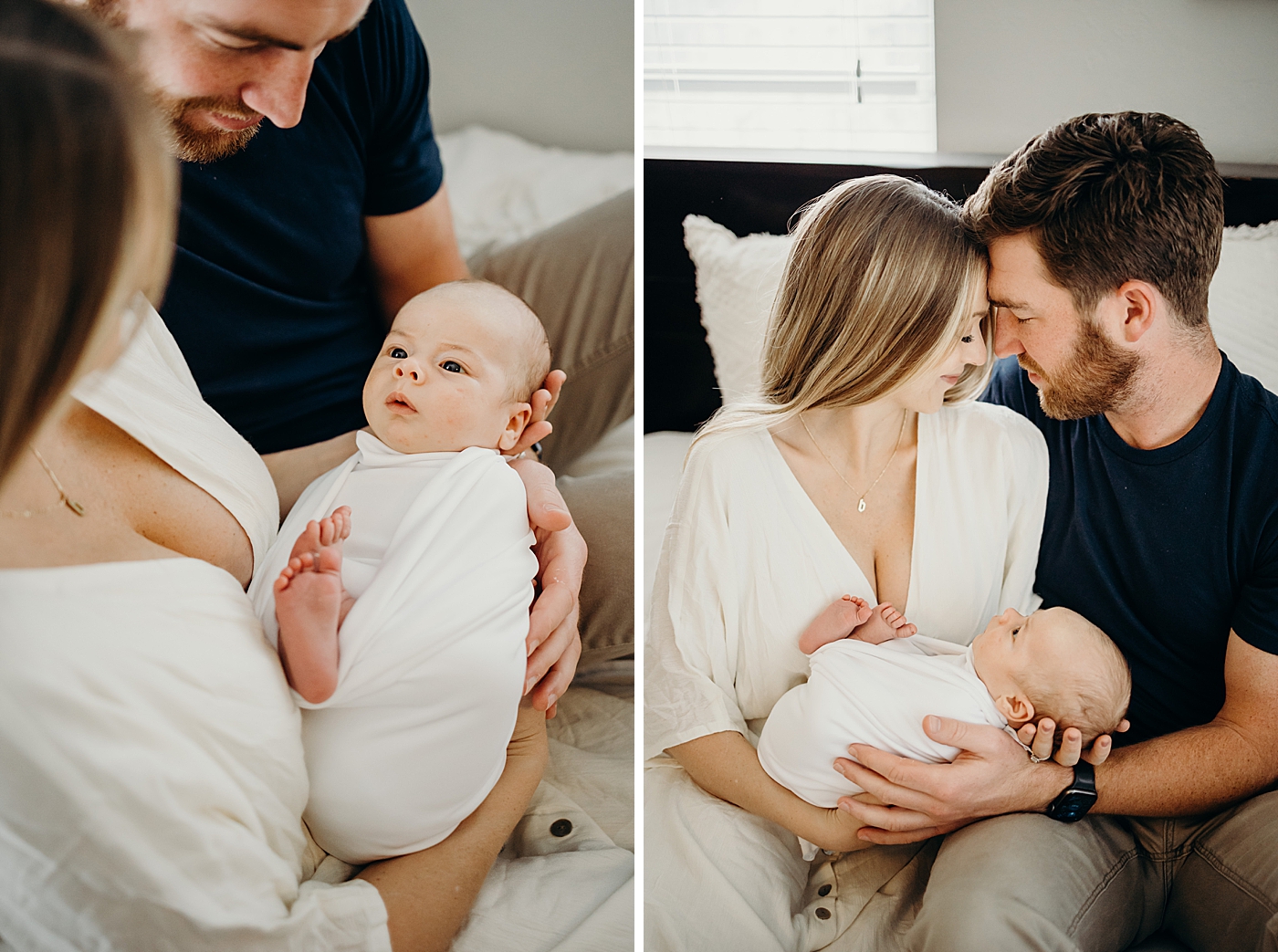 Baby in white swaddle being held by parents who are nuzzling South Florida Newborn Photography captured by South Florida Family Photographer Maggie Alvarez Photography