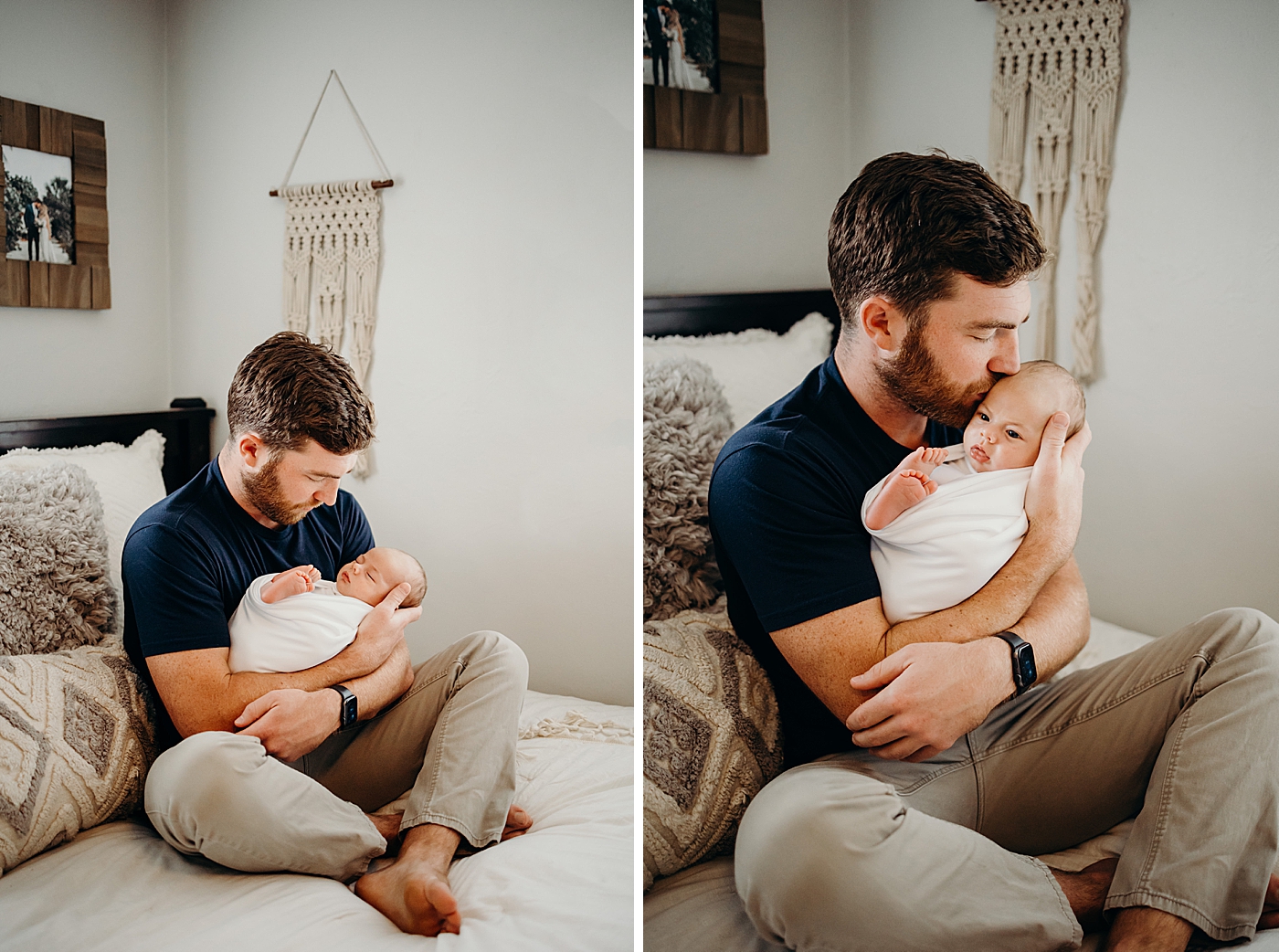 Dad cradling baby in his arms sitting crisscross on the bed South Florida Newborn Photography captured by South Florida Family Photographer Maggie Alvarez Photography