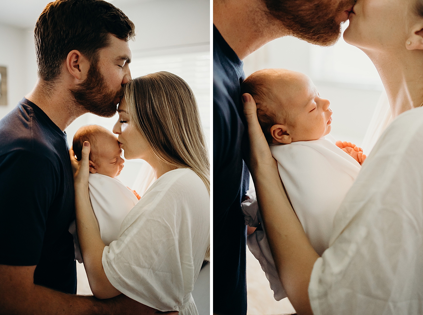 Parents kissing as mom holds sleeping baby South Florida Newborn Photography captured by South Florida Family Photographer Maggie Alvarez Photography