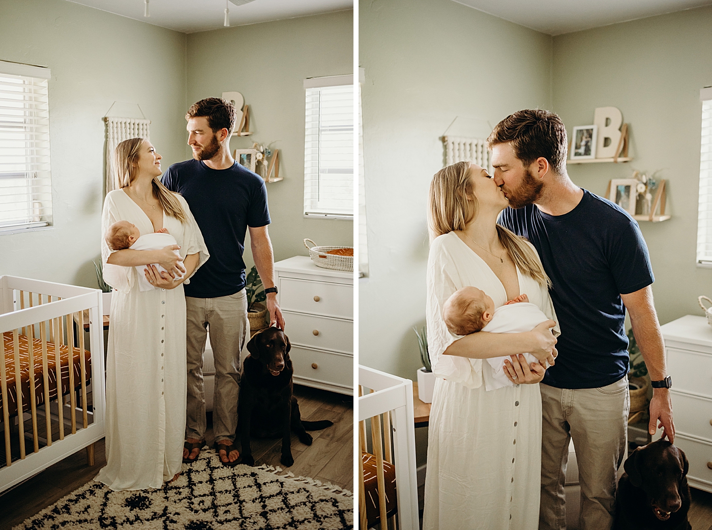 Whole portrait of mother holding baby and husband kissing wife and petting dog South Florida Newborn Photography captured by South Florida Family Photographer Maggie Alvarez Photography