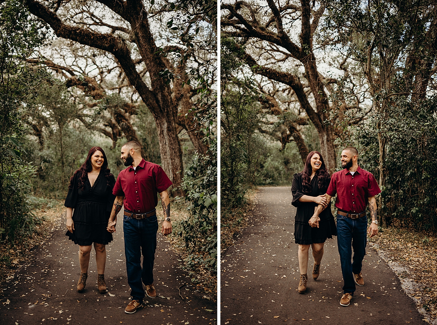 Couple holding hands and walking on park trail Tree Top Park Engagement Photography captured by Maggie Alvarez Photography