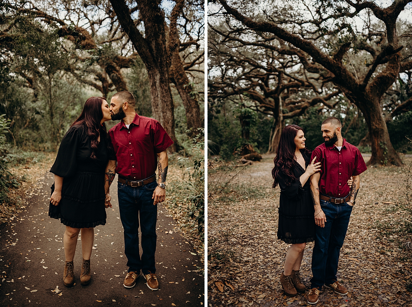 Couple kissing and autumn leafs on the ground Tree Top Park Engagement Photography captured by Maggie Alvarez Photography