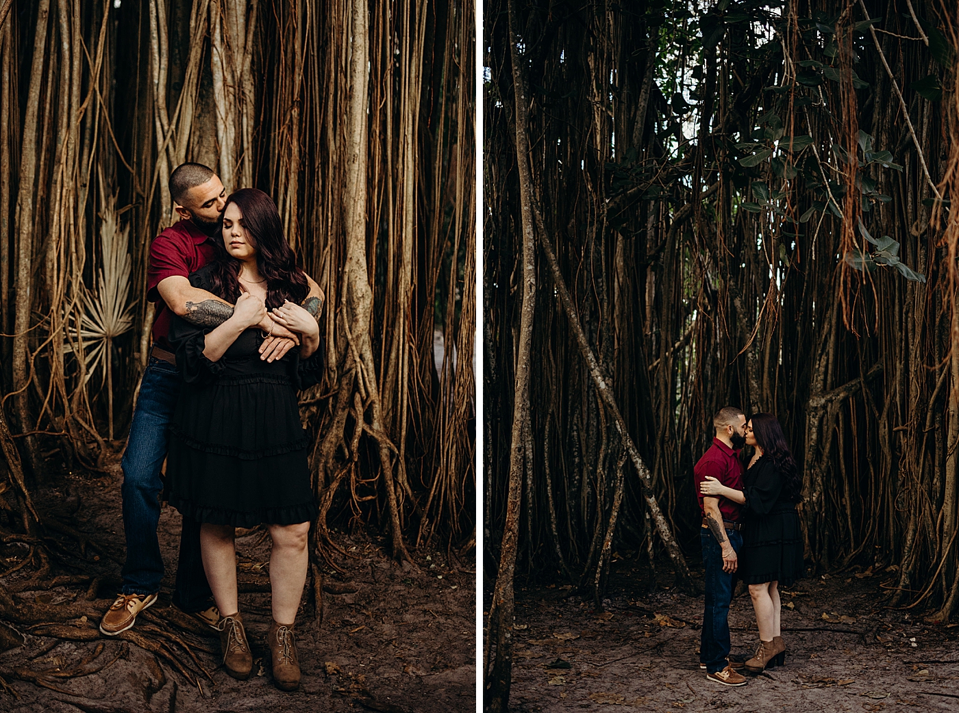 Couple holding each other and kissing with trees behind them Tree Top Park Engagement Photography captured by Maggie Alvarez Photography