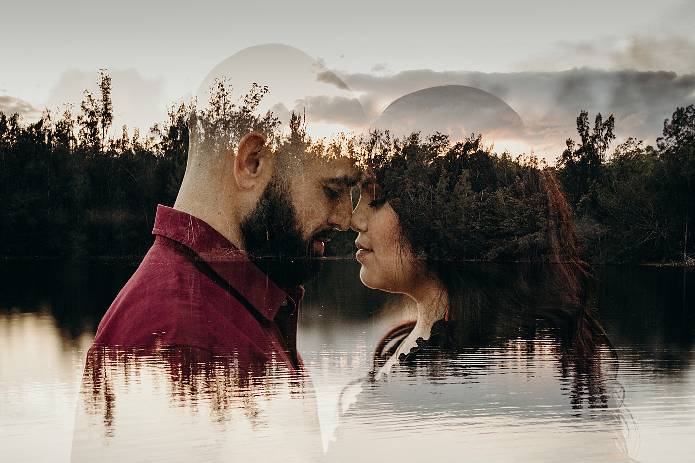 Overlay of Couple touching foreheads in front of lake shot Tree Top Park Engagement Photography captured by Maggie Alvarez Photography