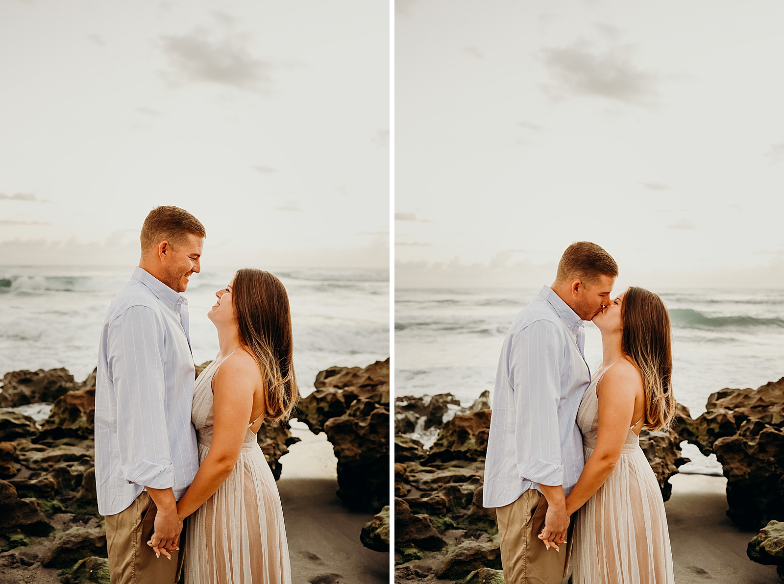 Couple looking at each other and kissing on the beach next to beach rocks Coral Cove Park Engagement Photography captured by South Florida Family Photographer Maggie Alvarez Photography