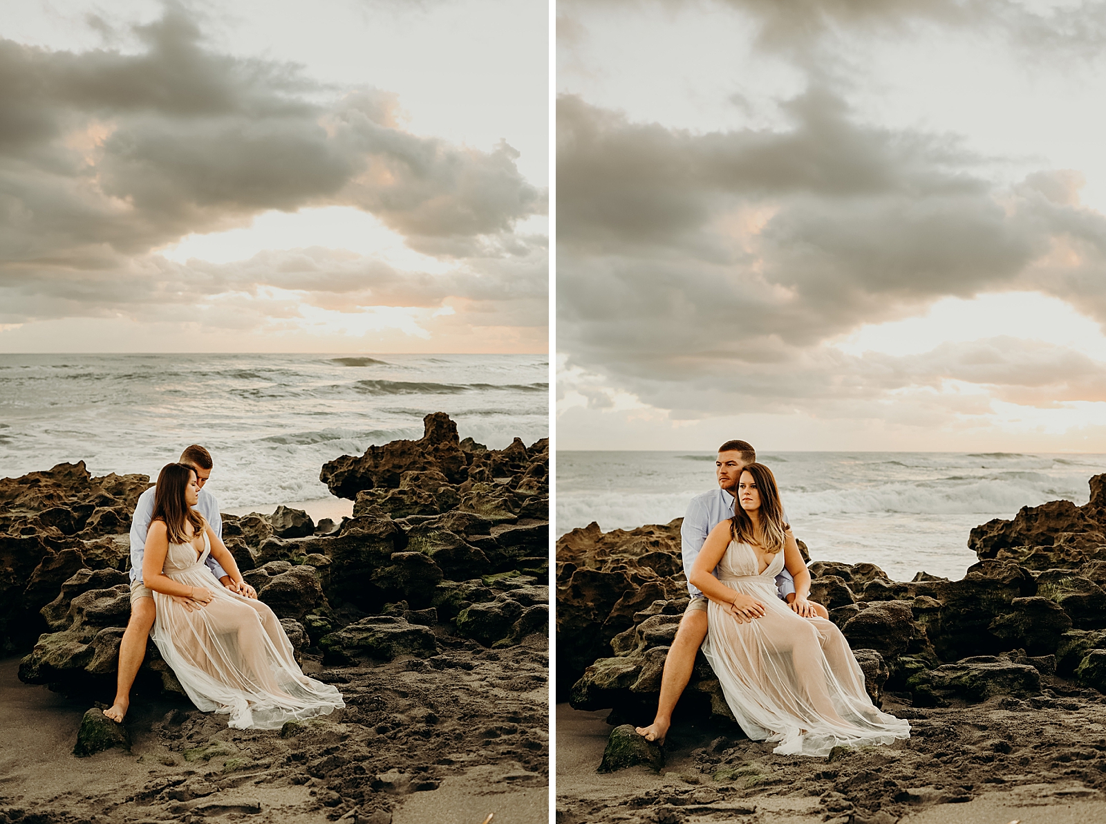 Couple sitting on beach rock with calm ocean water Coral Cove Park Engagement Photography captured by South Florida Family Photographer Maggie Alvarez Photography