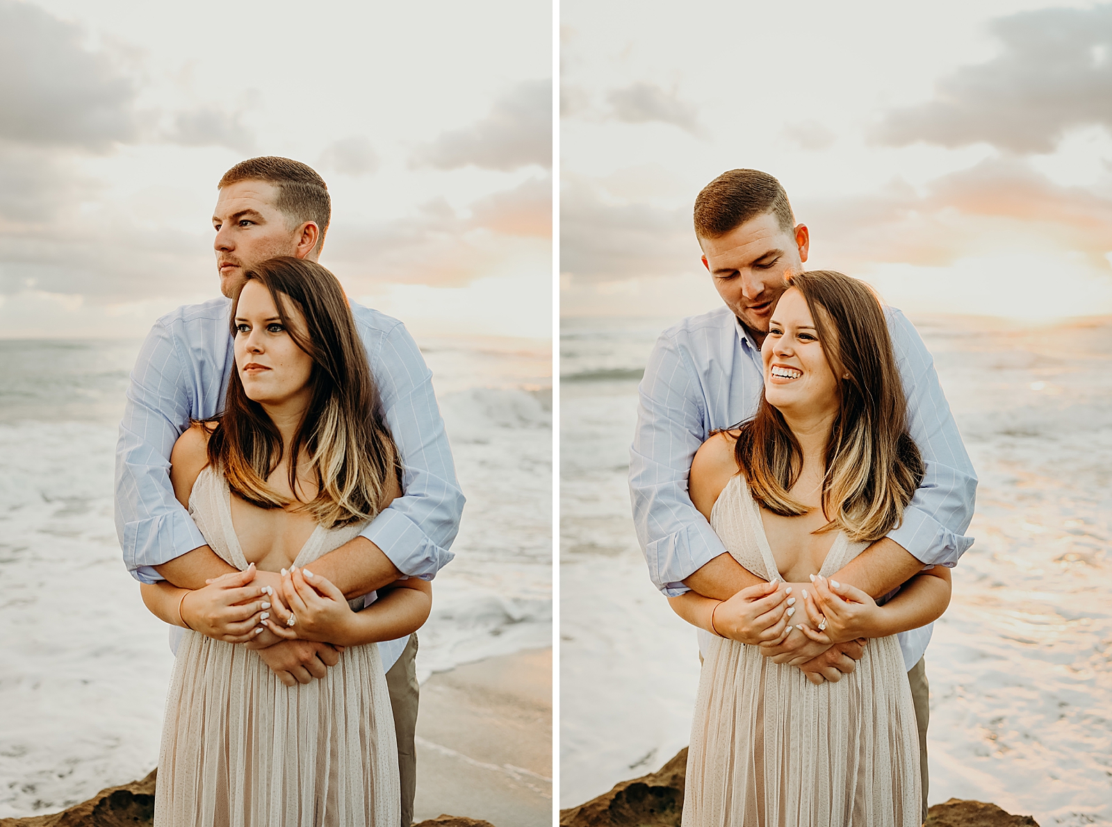Man wrapping arms around lady in front of the ocean Coral Cove Park Engagement Photography captured by South Florida Family Photographer Maggie Alvarez Photography