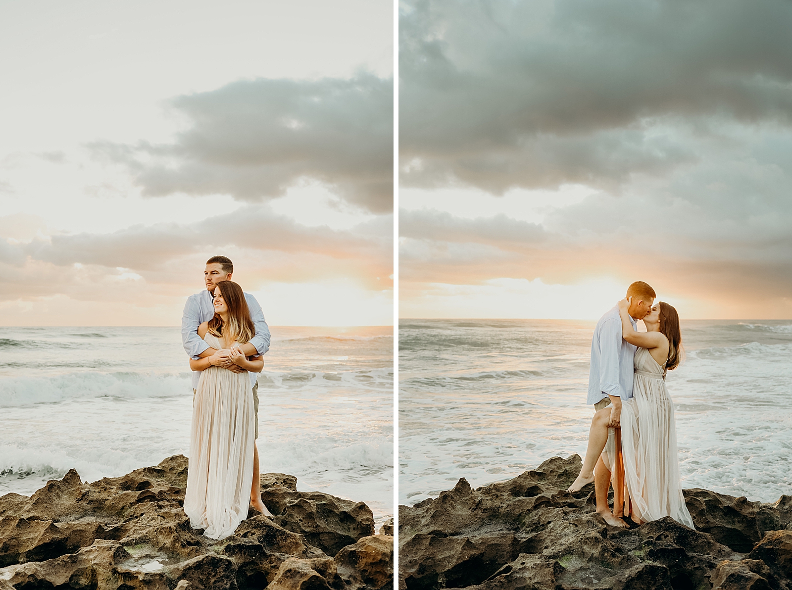 Couple holding each other and kissing as the sun hits the water Coral Cove Park Engagement Photography captured by South Florida Family Photographer Maggie Alvarez Photography