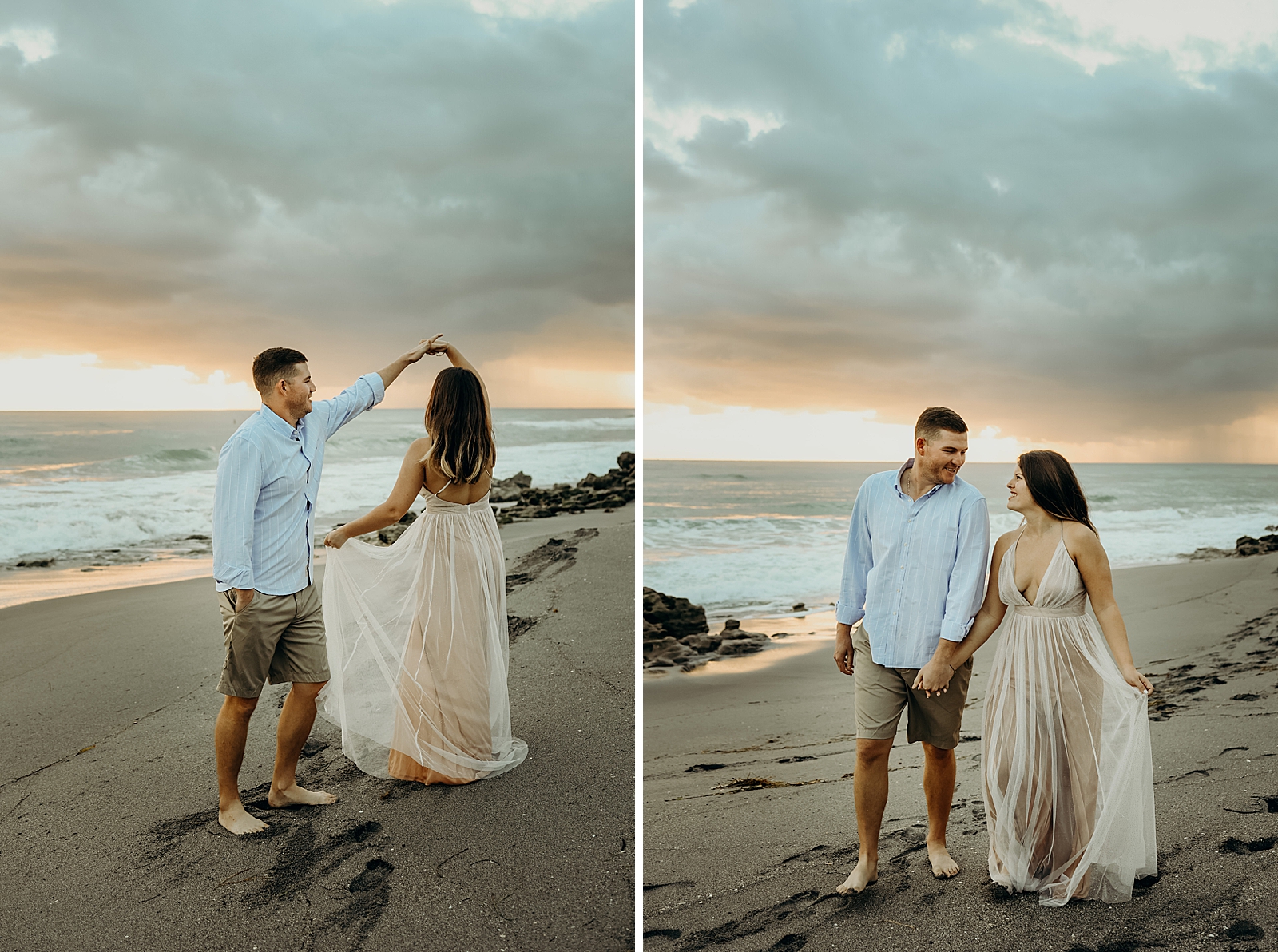 Couple pirouetting on sunset beach Coral Cove Park Engagement Photography captured by South Florida Family Photographer Maggie Alvarez Photography