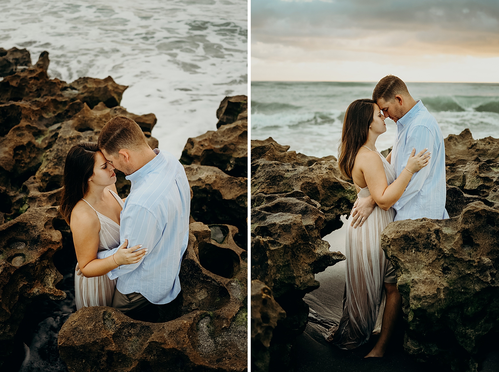 Couple resting their heads on each other while leaning on beach rocks Coral Cove Park Engagement Photography captured by South Florida Family Photographer Maggie Alvarez Photography