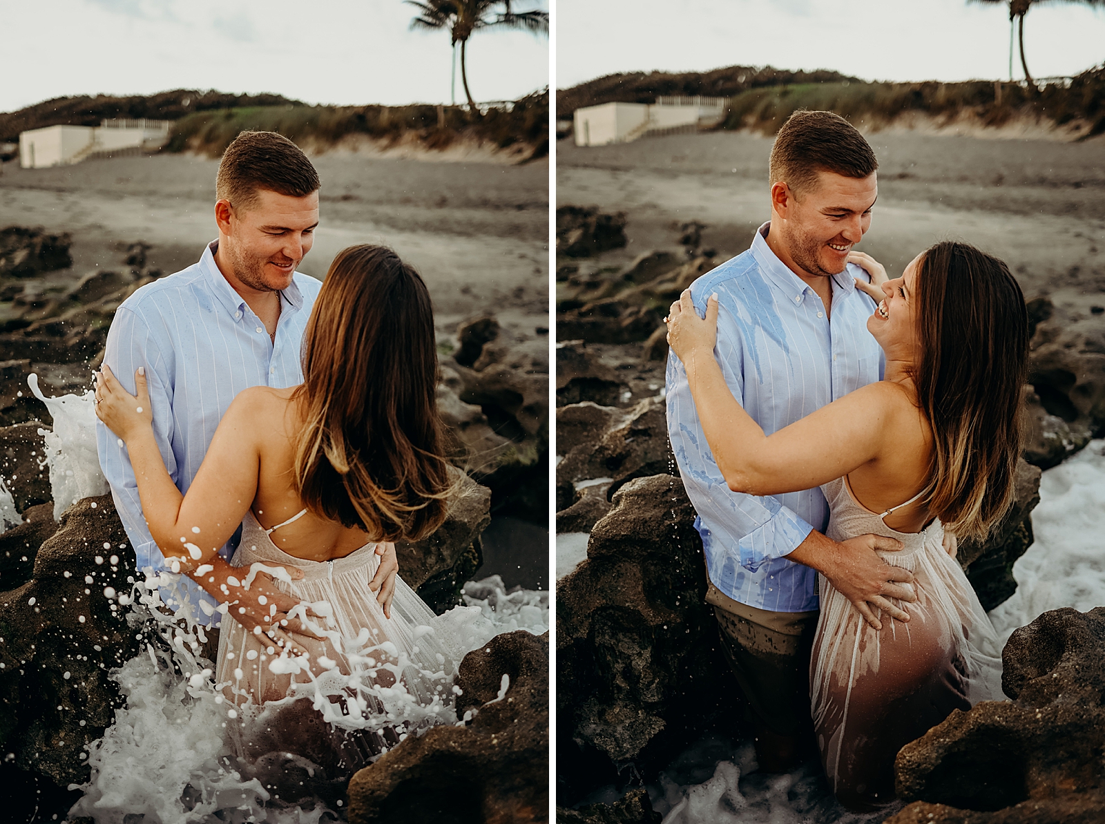 Couple getting soaked by incoming waves on the beach Coral Cove Park Engagement Photography captured by South Florida Family Photographer Maggie Alvarez Photography