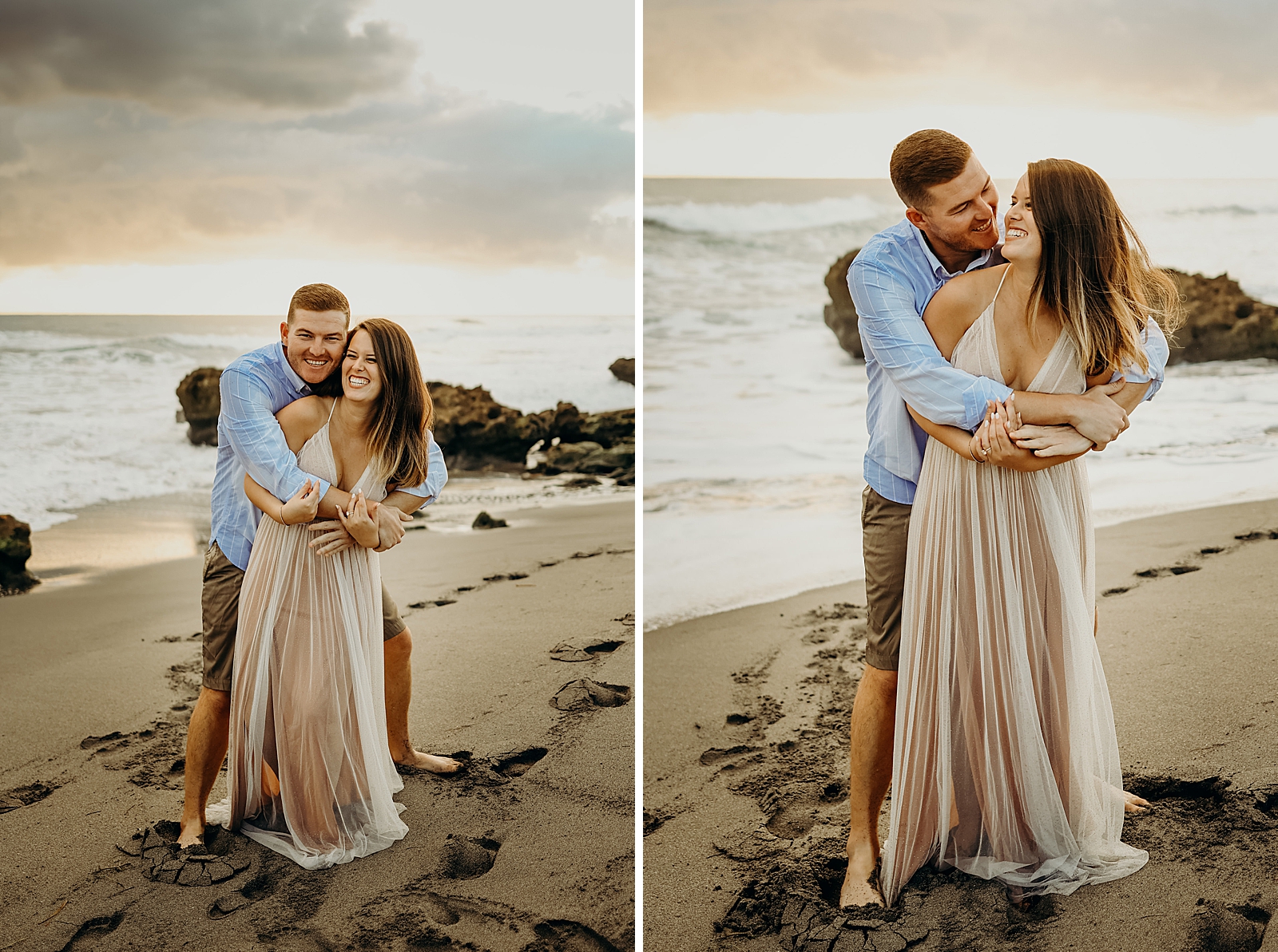 Man wraps arms around woman on the wet sand with footprints Coral Cove Park Engagement Photography captured by South Florida Family Photographer Maggie Alvarez Photography
