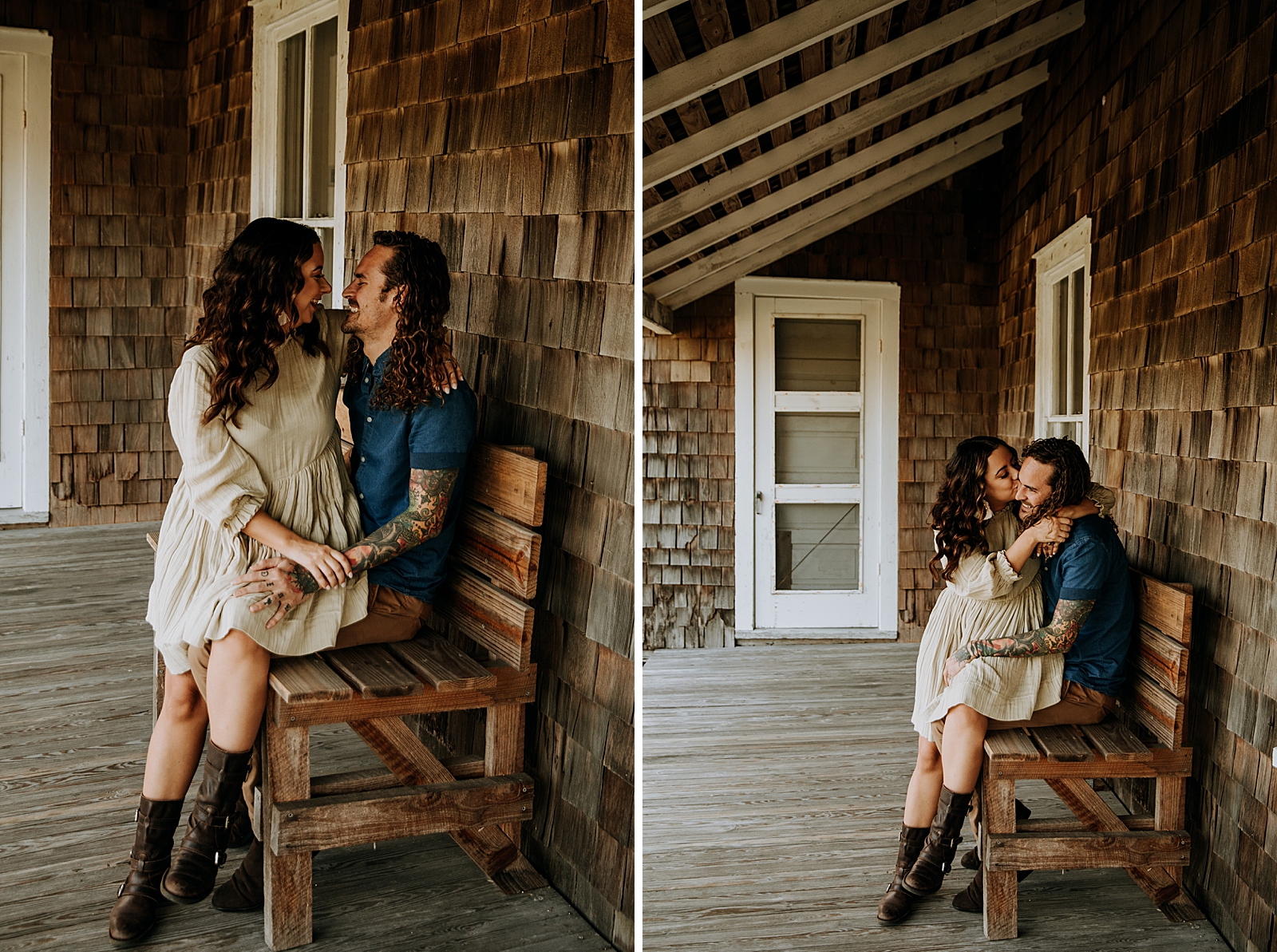 Woman sitting on man's lap on the bench kissing him Dubois Park Engagement Photography captured by South Florida Family Photographer Maggie Alvarez Photography