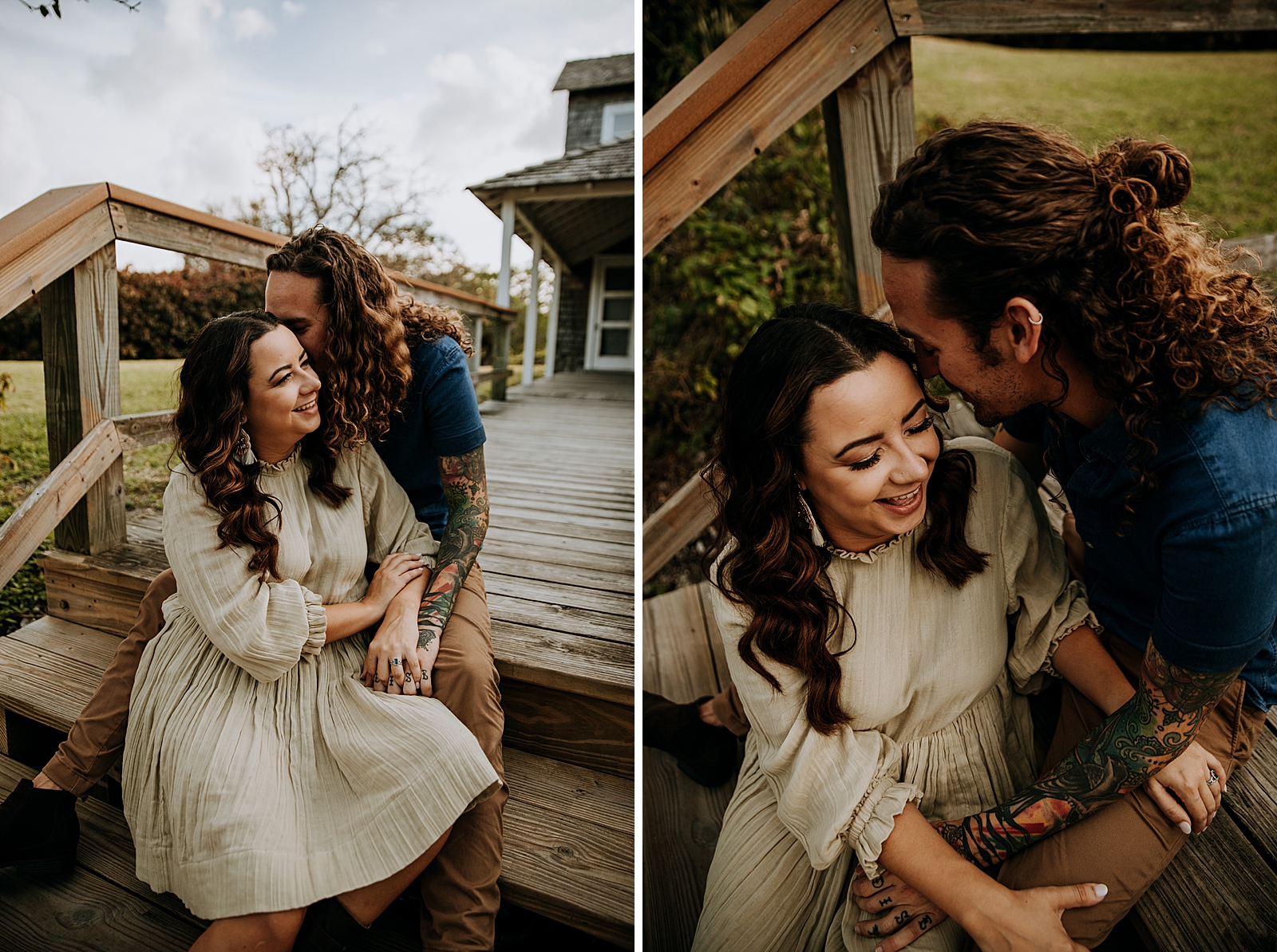 Man nuzzling against lady's head while sitting on wooden steps Dubois Park Engagement Photography captured by South Florida Family Photographer Maggie Alvarez Photography
