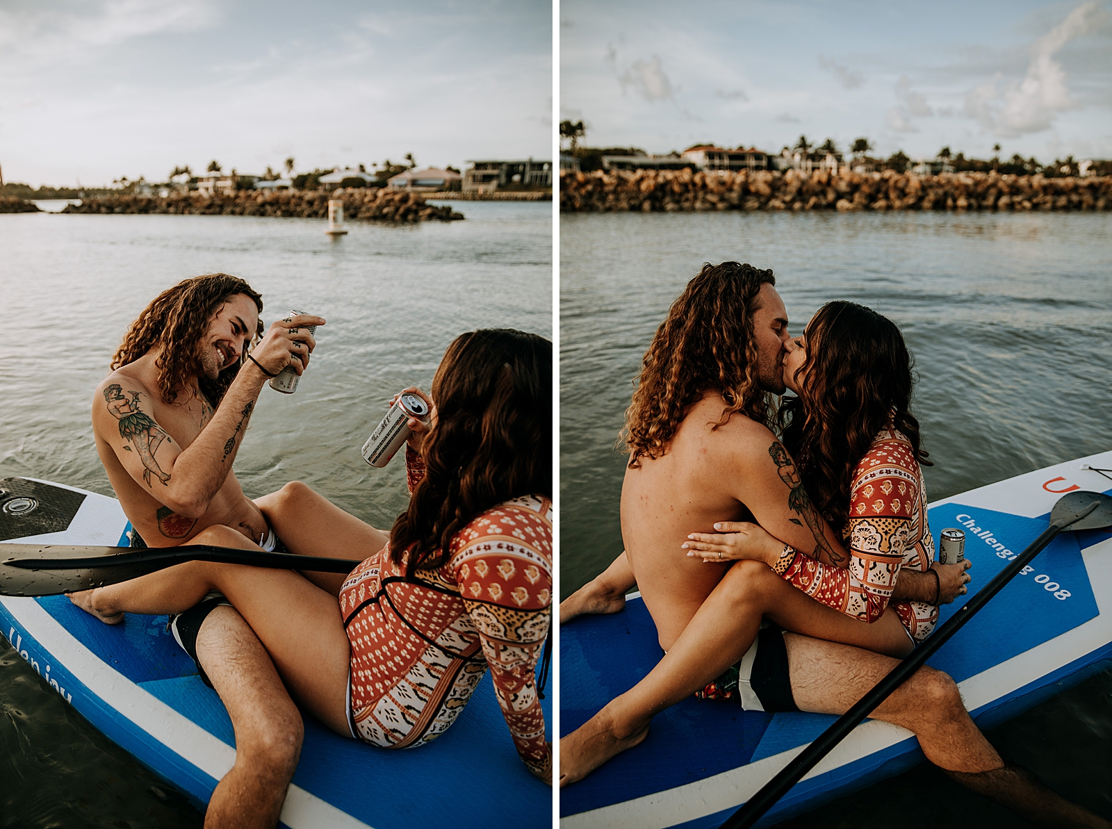 Couple having a drink and kissing on a canoe Dubois Park Engagement Photography captured by South Florida Family Photographer Maggie Alvarez Photography