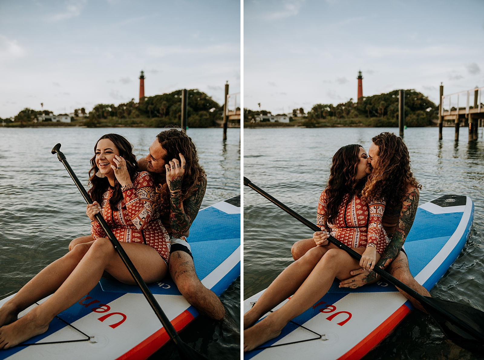 Couple rowing and kissing on paddle board Dubois Park Engagement Photography captured by South Florida Family Photographer Maggie Alvarez Photography