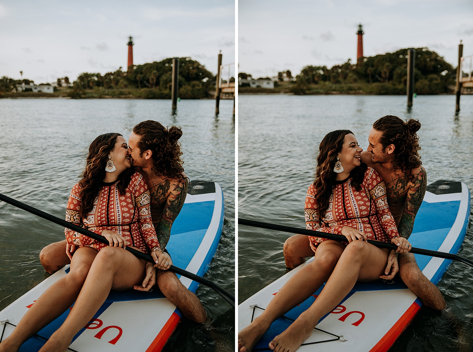 Couple smiling and kissing on paddle board Dubois Park Engagement Photography captured by South Florida Family Photographer Maggie Alvarez Photography 