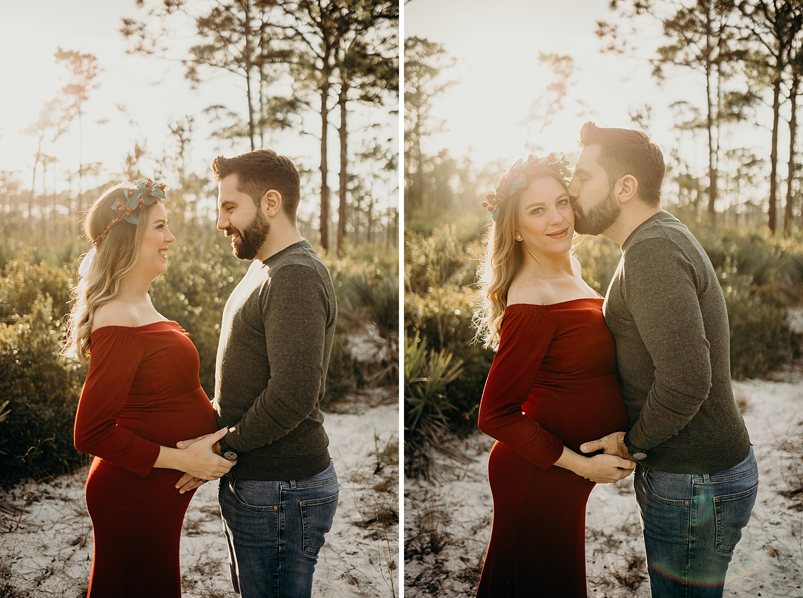 Husband and wife holding each other with husband kissing pregnant wife Johnathan Dickinson Park Maternity Photography captured by South Florida Family Photographer Maggie Alvarez Photography