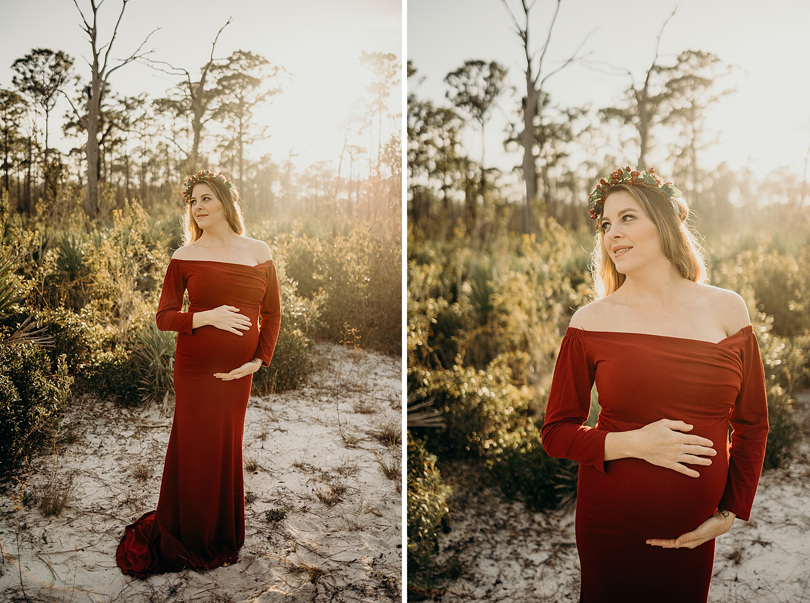 Pregnant woman holding baby bump with the sun shining on her Johnathan Dickinson Park Maternity Photography captured by South Florida Family Photographer Maggie Alvarez Photography