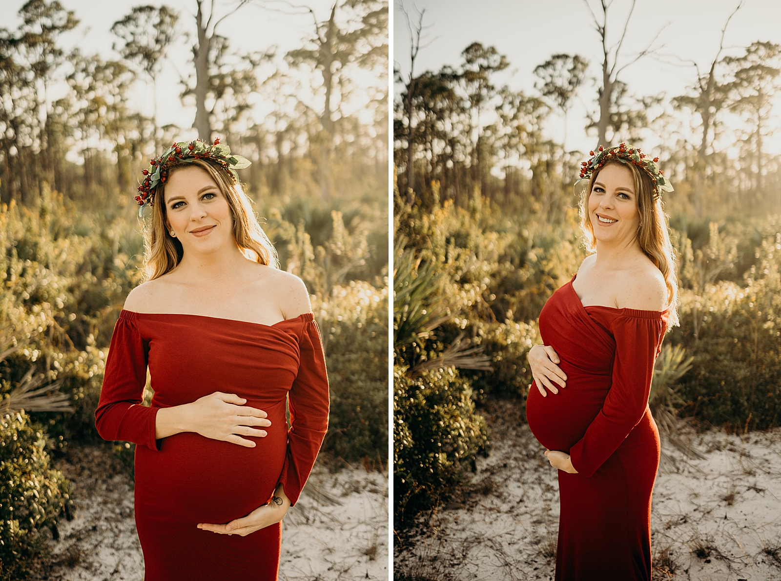 Pregnant soon to be mother holding her baby bump Johnathan Dickinson Park Maternity Photography captured by South Florida Family Photographer Maggie Alvarez Photography