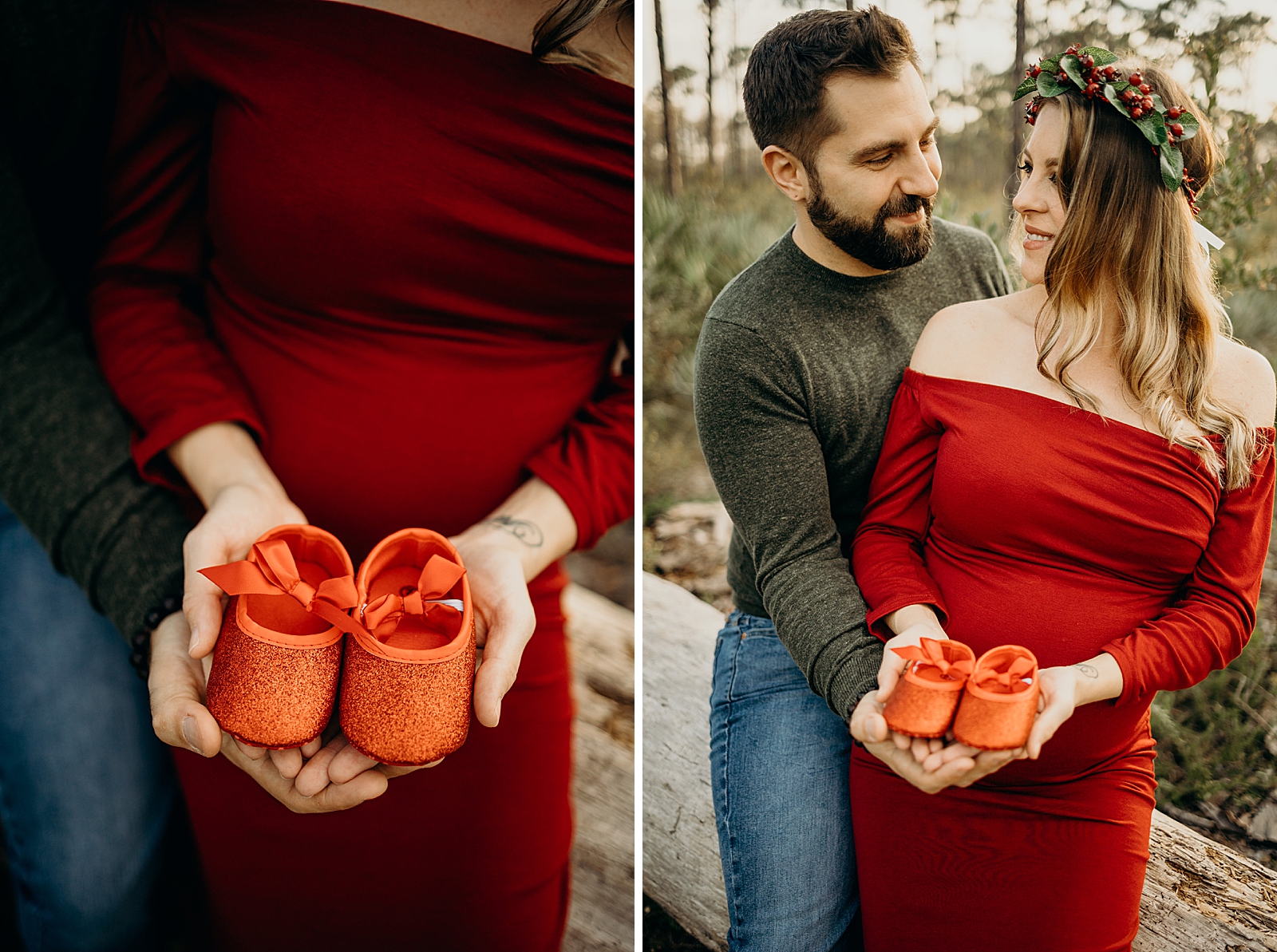 Couple holding soon to be born baby's red shoes Johnathan Dickinson Park Maternity Photography captured by South Florida Family Photographer Maggie Alvarez Photography